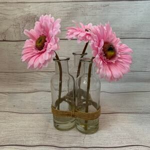 Artificial Pink Gerbera Daisies in Bottles and Twine String Faux Glued Water 9"H